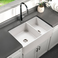 Thumbnail for Houzer Platus 33 inch White Fireclay Apron Front Farmhouse Double Bowl Kitchen Sink