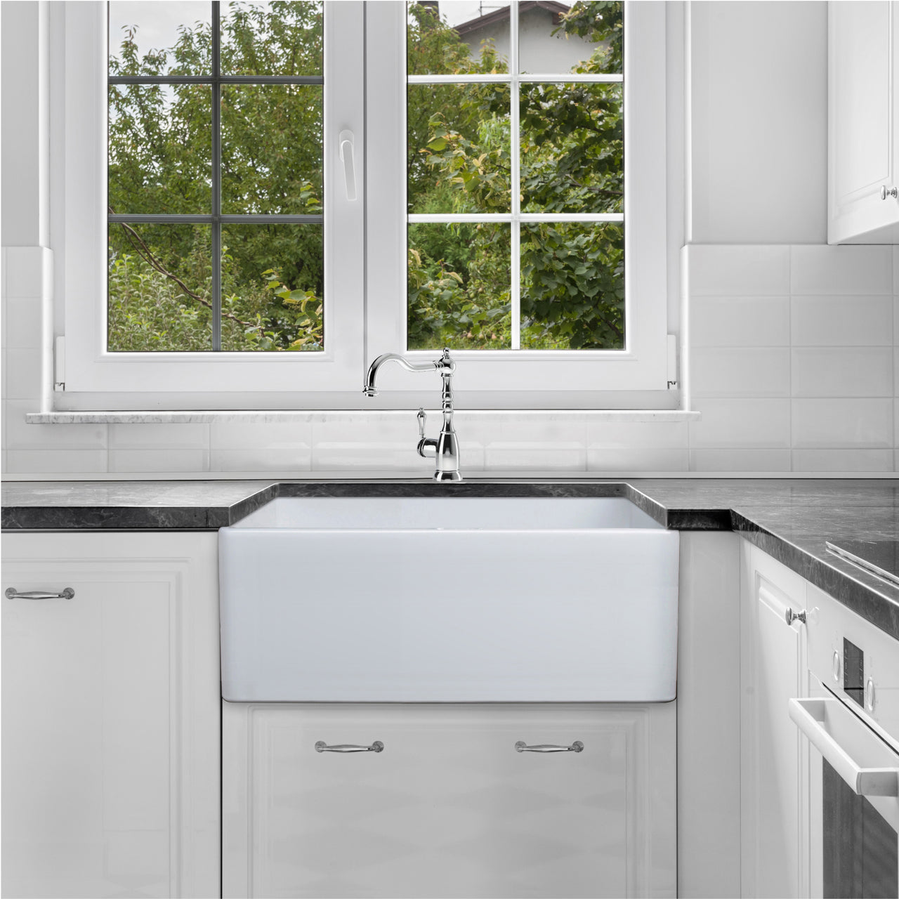 Houzer Platus White Fireclay Apron Front Farmhouse Single Bowl Kitchen Sink