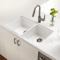 Thumbnail for Houzer Platus 32 inch White Fireclay Undermount 50/50 Double Bowl Kitchen Sink