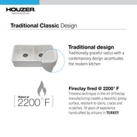 Thumbnail for Houzer Platus 32 inch White Fireclay Undermount 50/50 Double Bowl Kitchen Sink