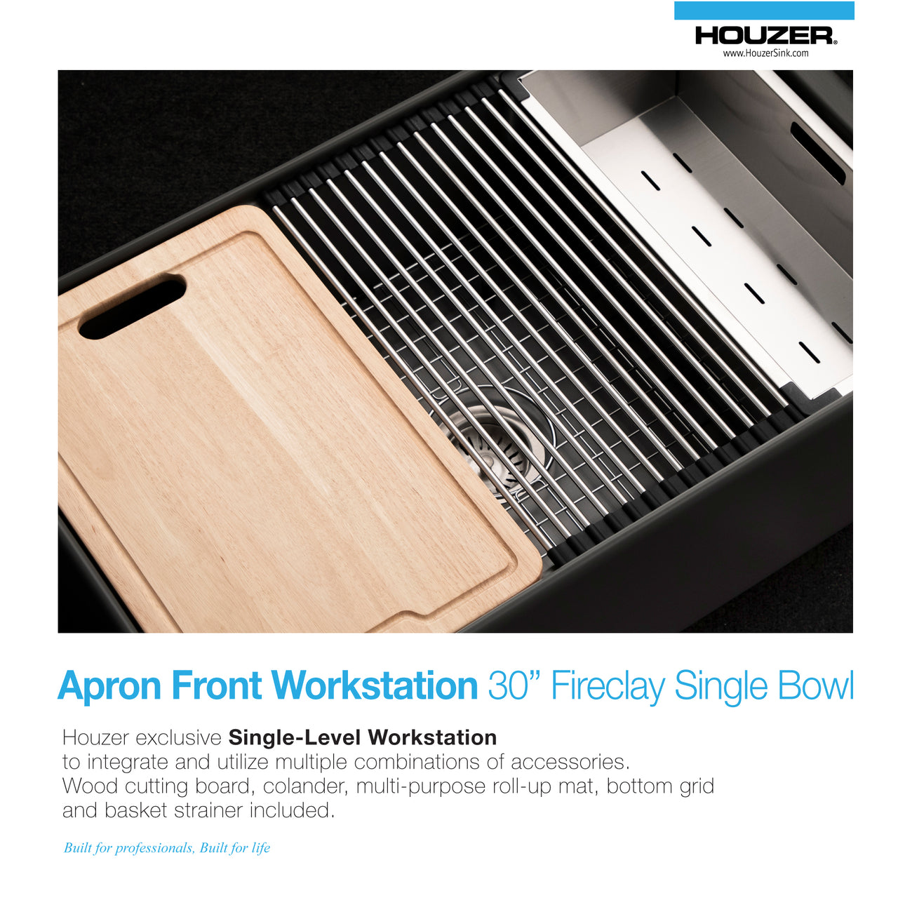 Houzer Aspire 30 inch Fireclay Farmhouse Apron Front Single Bowl Workstation Sink with Accessories