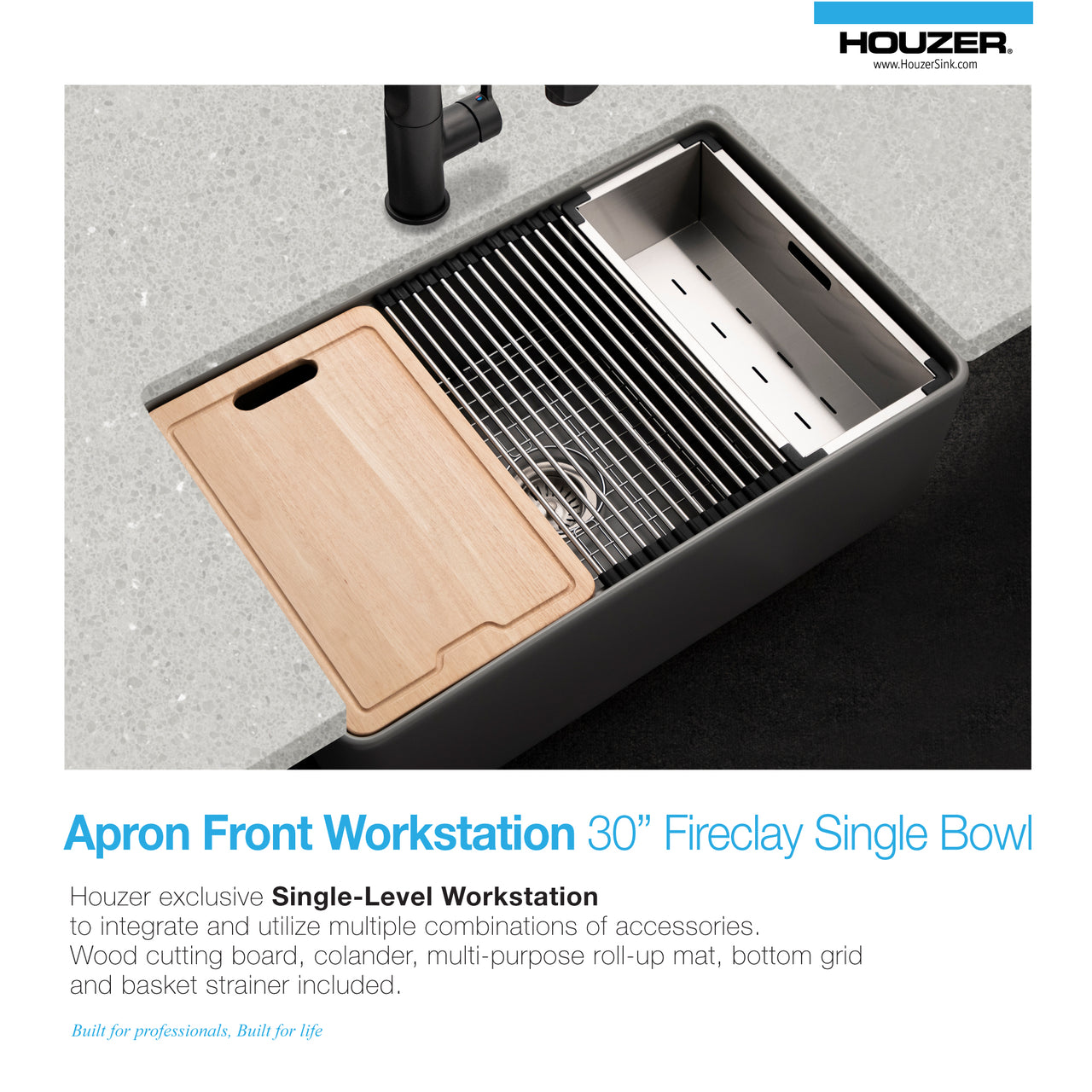 Houzer Aspire 30 inch Fireclay Farmhouse Apron Front Single Bowl Workstation Sink with Accessories