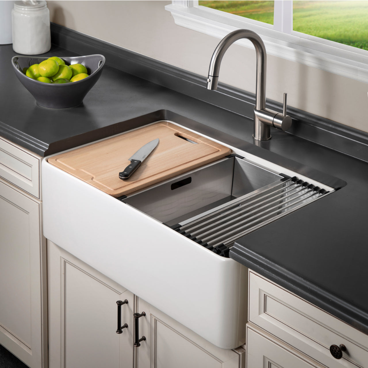 Houzer Aspire 30 inch Fireclay Farmhouse Apron Front Single Bowl Workstation Sink with Accessories