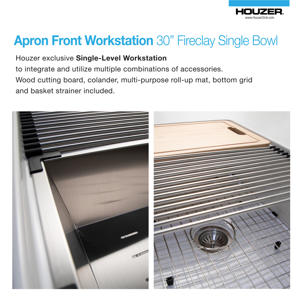 Houzer Aspire 30 inch Fireclay Farmhouse Apron Front Single Bowl Workstation Sink with Accessories