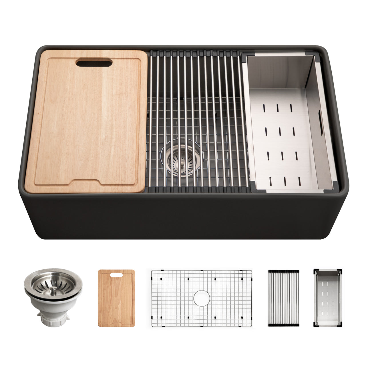 Houzer Aspire 33 inch Fireclay Farmhouse Apron Front Single Bowl Workstation with Accessories