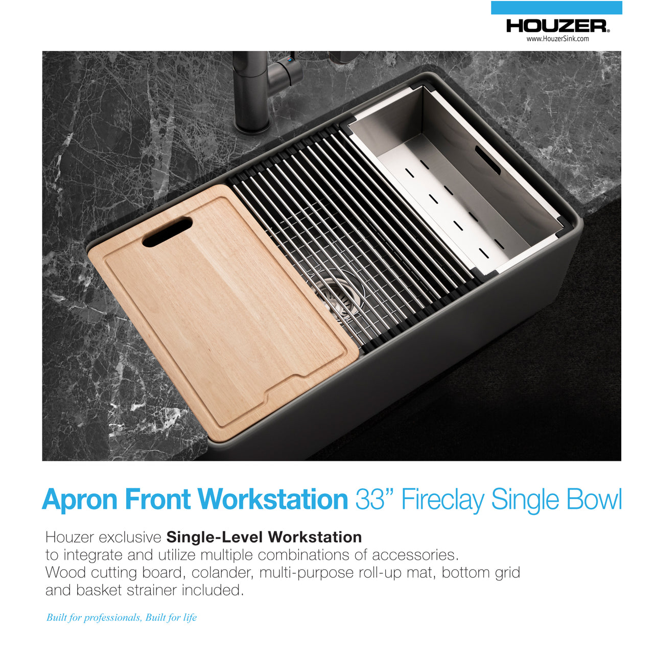 Houzer Aspire 33 inch Fireclay Farmhouse Apron Front Single Bowl Workstation with Accessories
