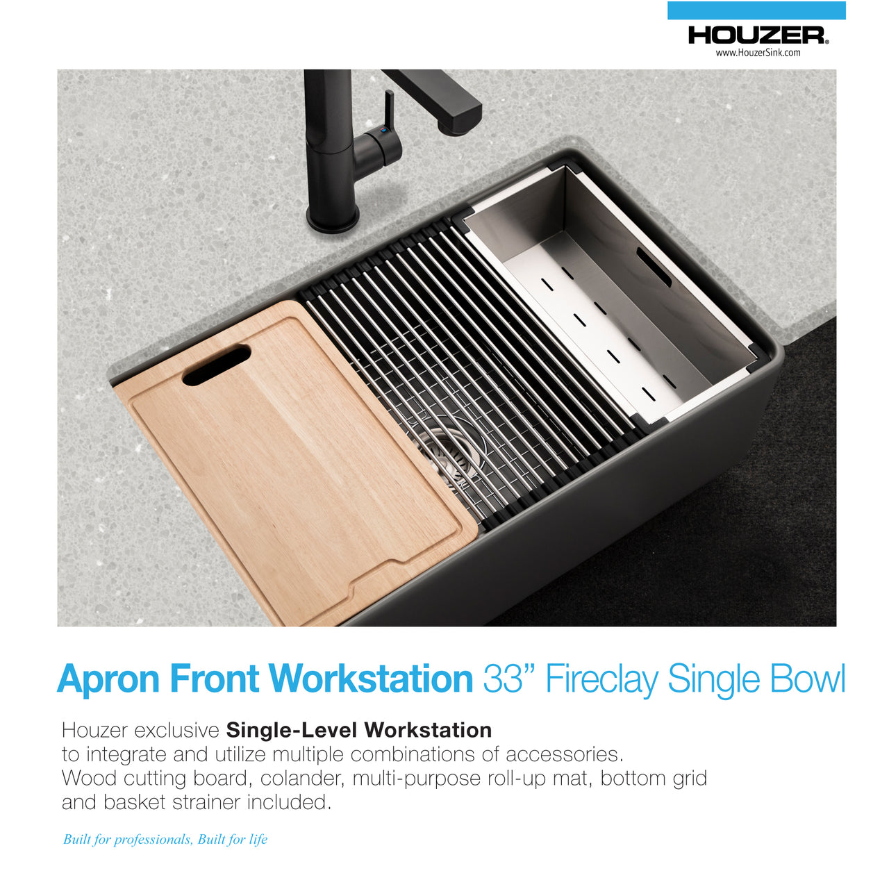 Houzer Aspire 33 inch Fireclay Farmhouse Apron Front Single Bowl Workstation with Accessories