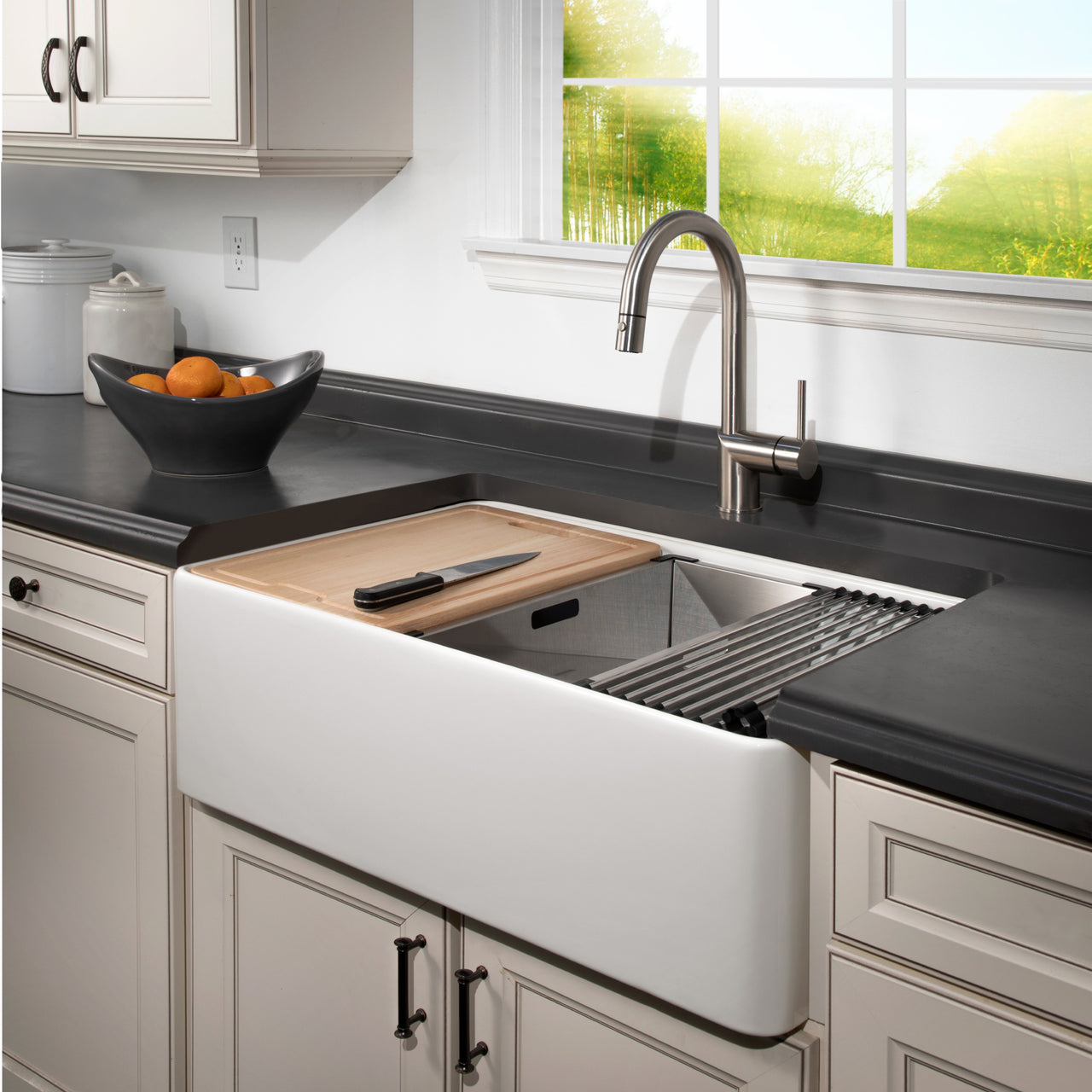 Houzer Aspire 33 inch Fireclay Farmhouse Apron Front Single Bowl Workstation with Accessories