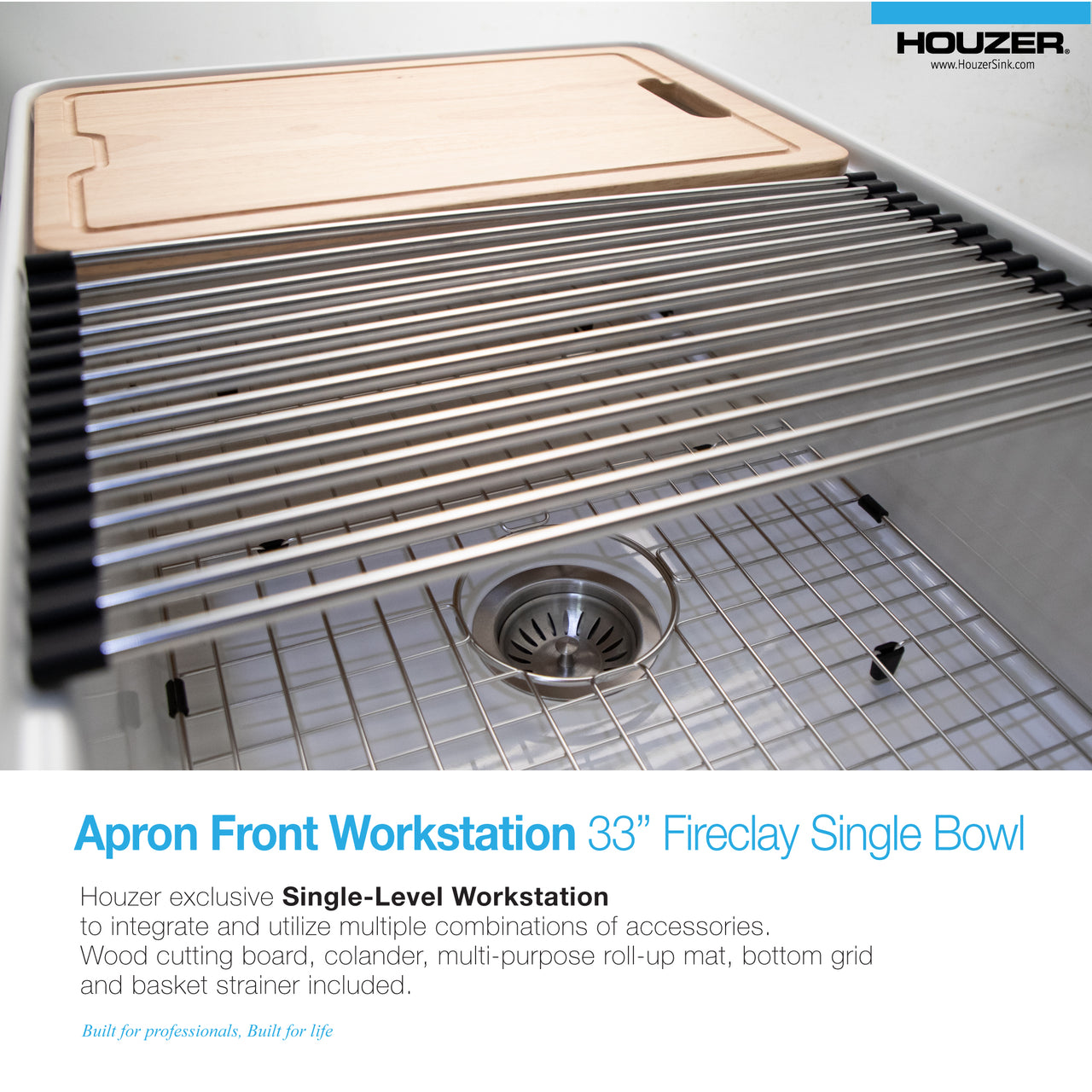 Houzer Aspire 33 inch Fireclay Farmhouse Apron Front Single Bowl Workstation with Accessories