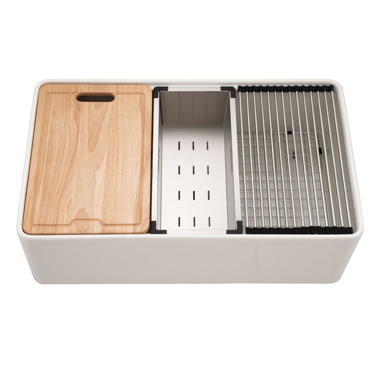 Houzer Aspire 33 inch Fireclay Farmhouse Apron Front Single Bowl Workstation with Accessories