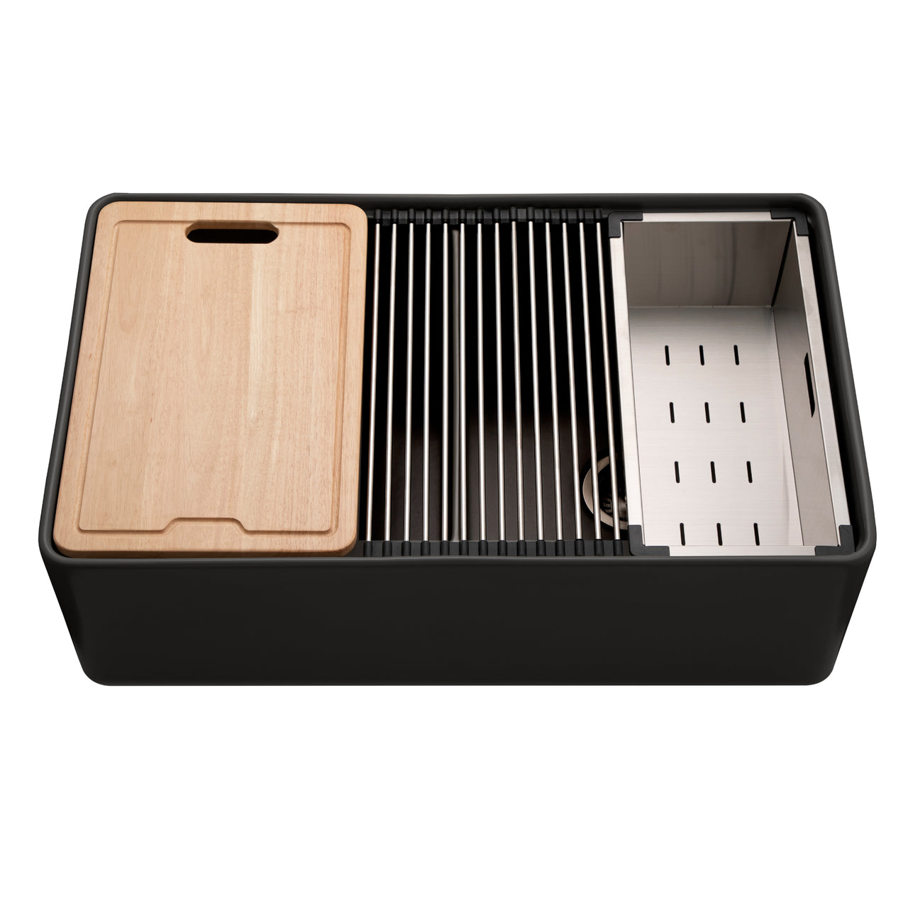 Houzer Aspire 33 inch Fireclay Farmhouse Apron Front 50/50 Double Bowl Workstation Sink with Accessories