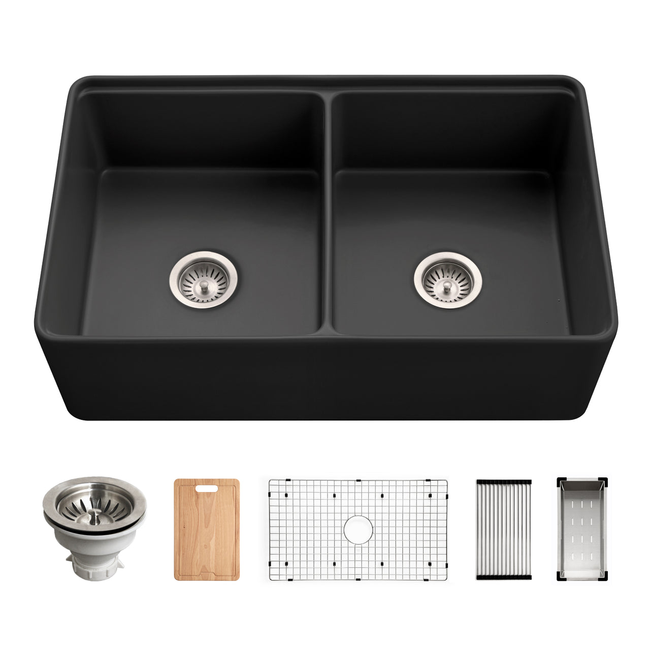 Houzer Aspire 33 inch Fireclay Farmhouse Apron Front 50/50 Double Bowl Workstation Sink with Accessories