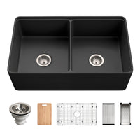 Thumbnail for Houzer Aspire 33 inch Fireclay Farmhouse Apron Front 50/50 Double Bowl Workstation Sink with Accessories