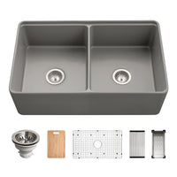 Thumbnail for Houzer Aspire 33 inch Fireclay Farmhouse Apron Front 50/50 Double Bowl Workstation Sink with Accessories
