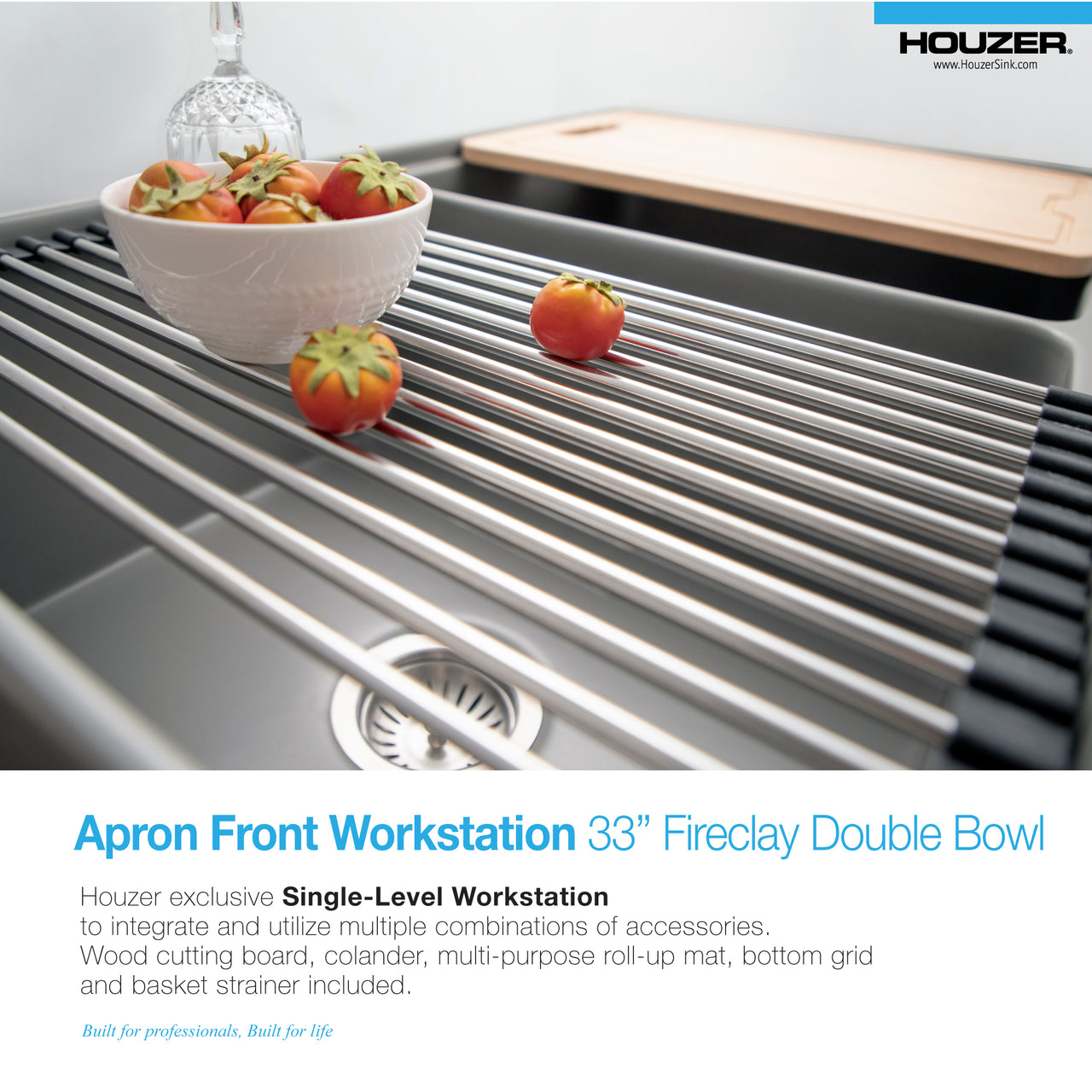 Houzer Aspire 33 inch Fireclay Farmhouse Apron Front 50/50 Double Bowl Workstation Sink with Accessories