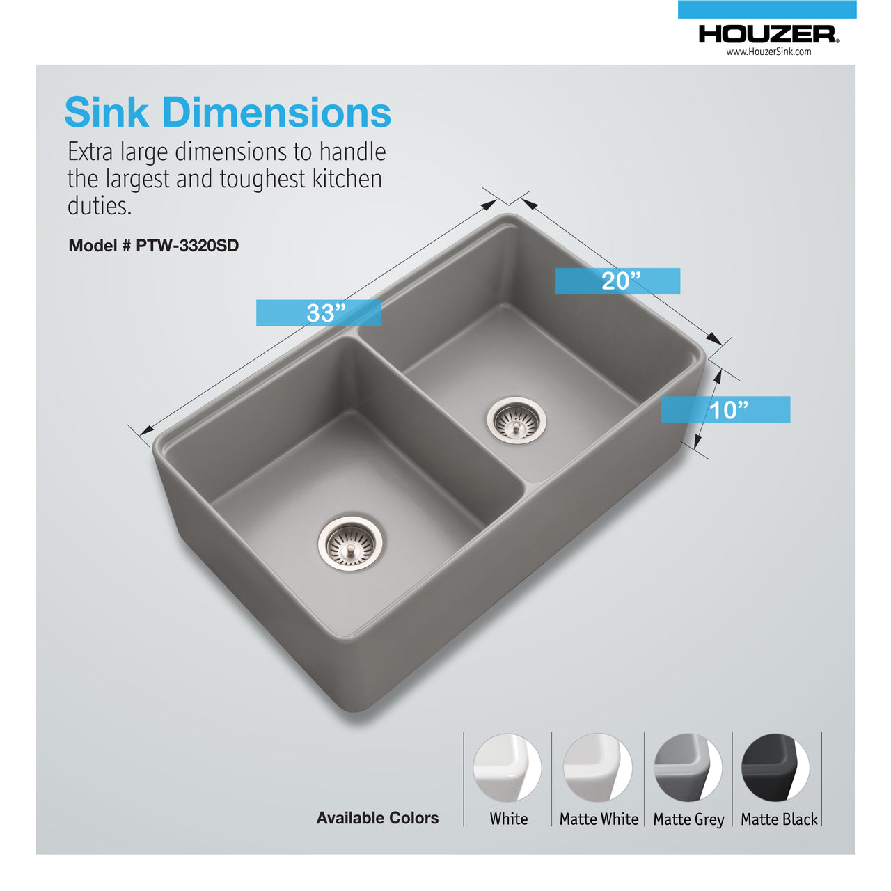 Houzer Aspire 33 inch Fireclay Farmhouse Apron Front 50/50 Double Bowl Workstation Sink with Accessories