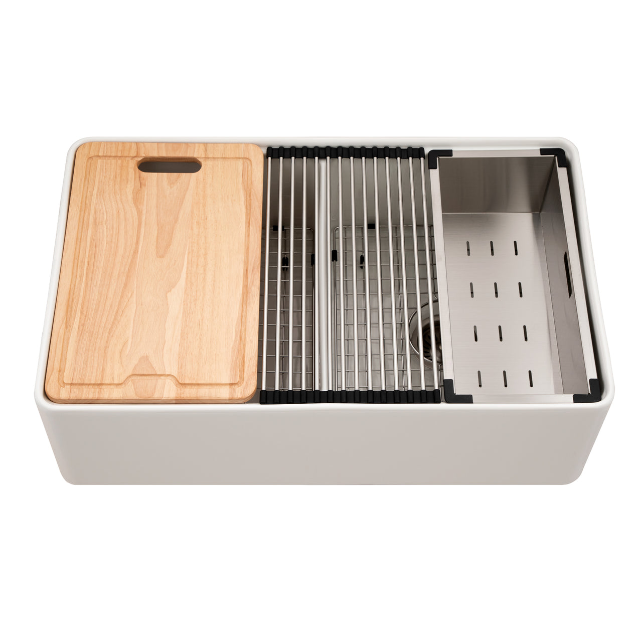 Houzer Aspire 33 inch Fireclay Farmhouse Apron Front 50/50 Double Bowl Workstation Sink with Accessories