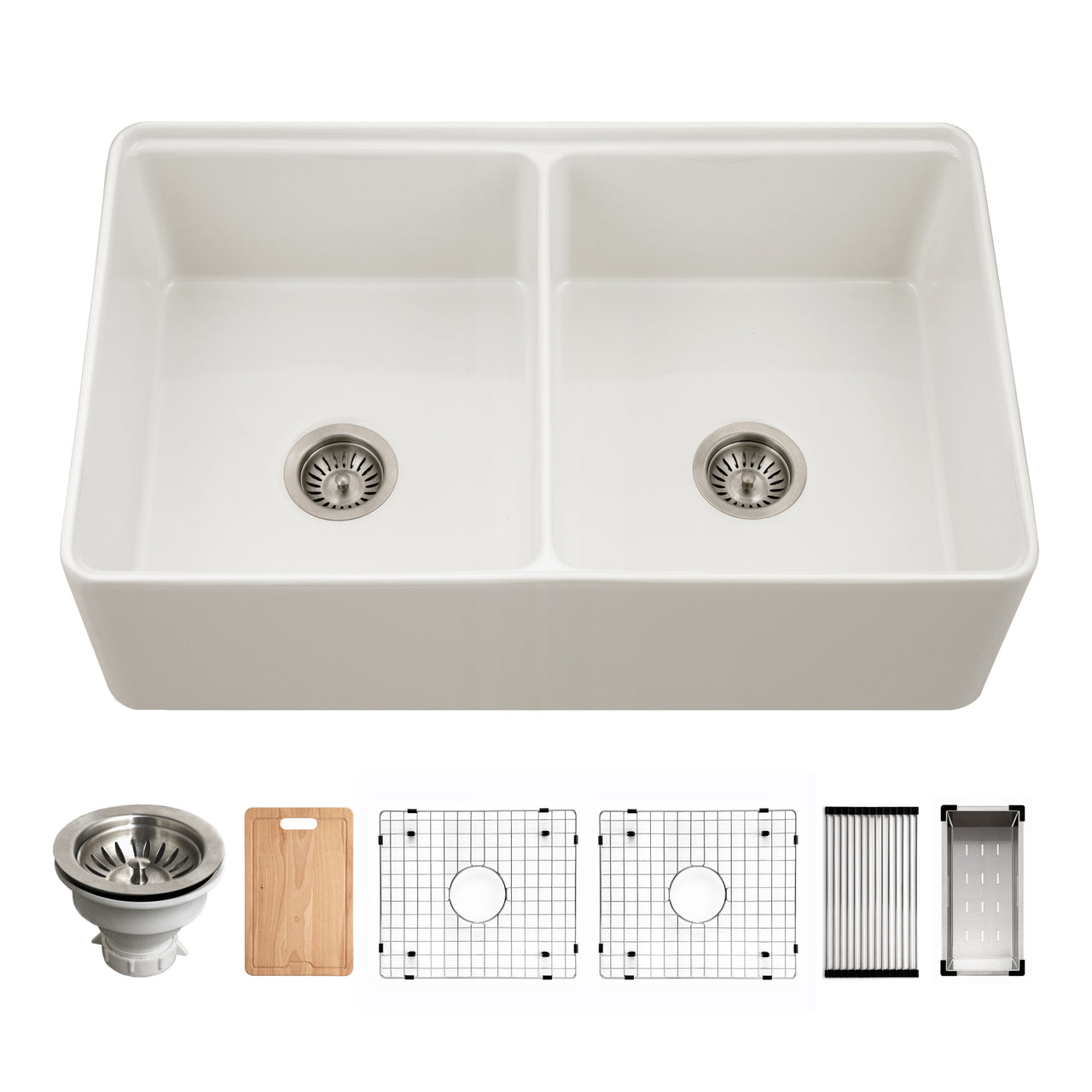 Houzer Aspire 33 inch Fireclay Farmhouse Apron Front 50/50 Double Bowl Workstation Sink with Accessories