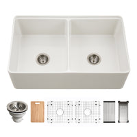 Thumbnail for Houzer Aspire 33 inch Fireclay Farmhouse Apron Front 50/50 Double Bowl Workstation Sink with Accessories