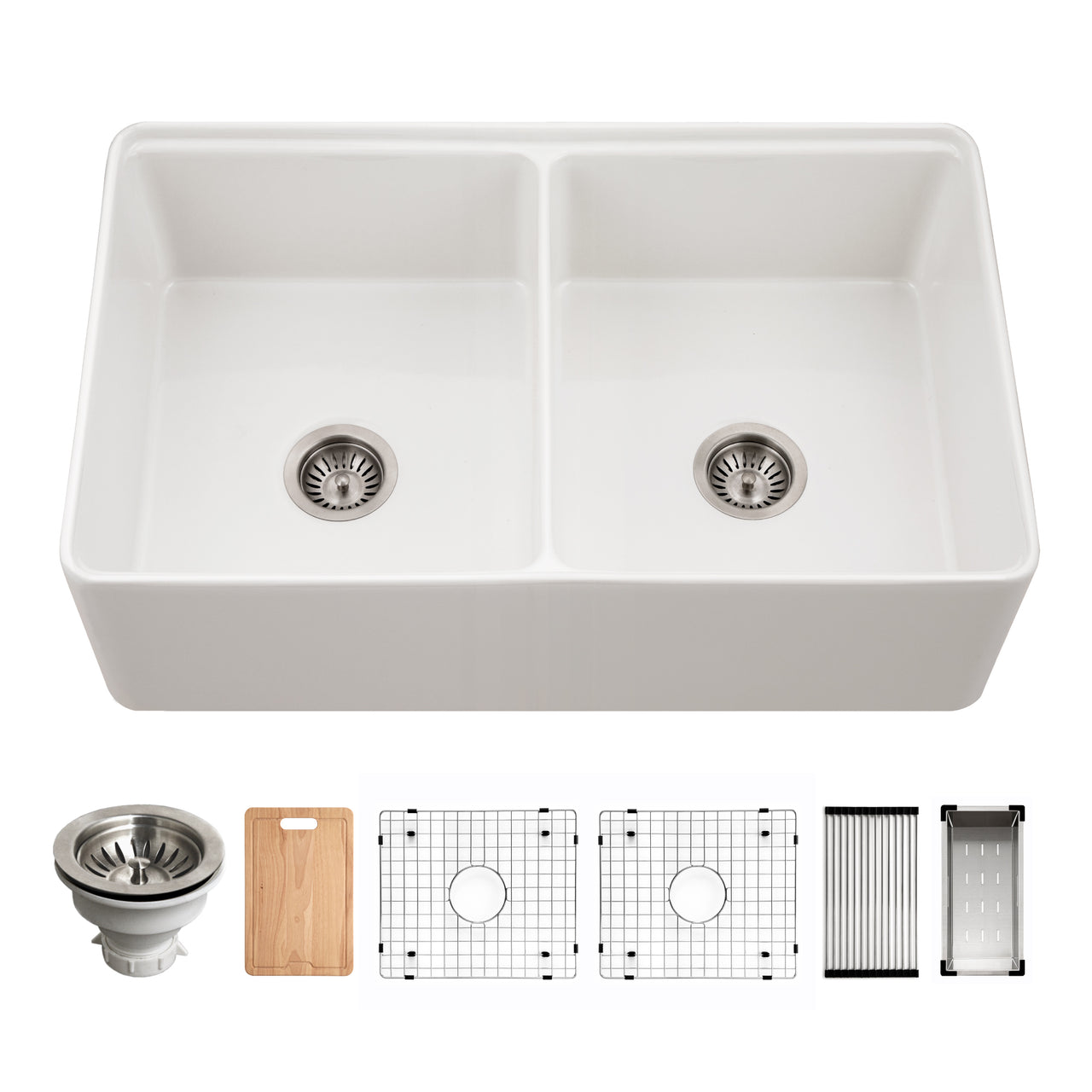 Houzer Aspire 33 inch Fireclay Farmhouse Apron Front 50/50 Double Bowl Workstation Sink with Accessories