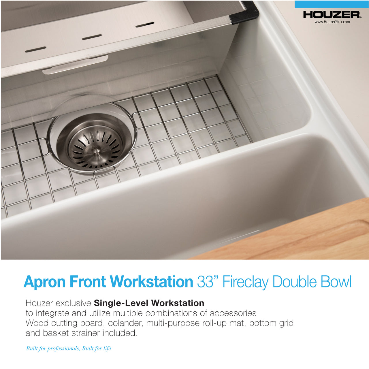 Houzer Aspire 33 inch Fireclay Farmhouse Apron Front 50/50 Double Bowl Workstation Sink with Accessories