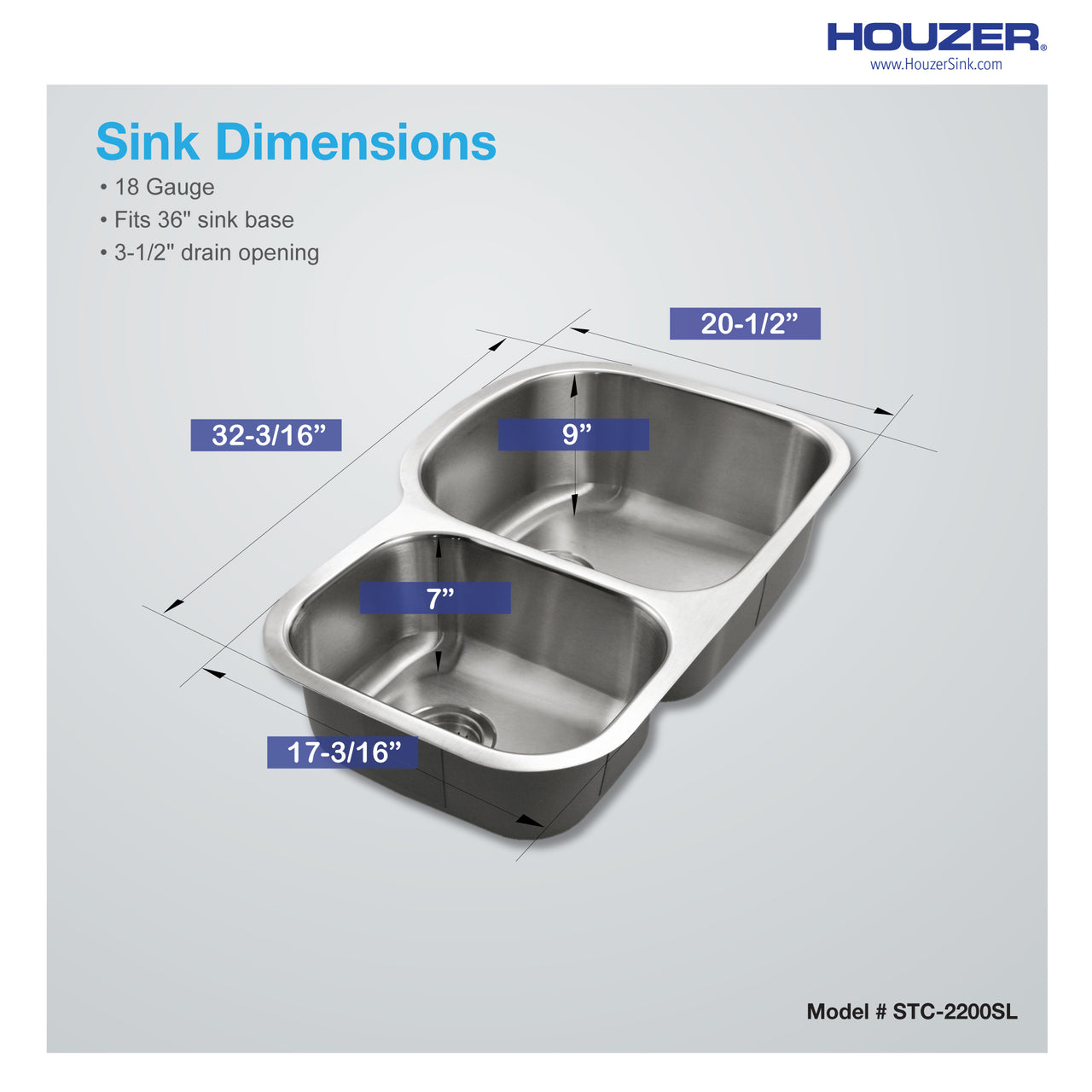 Houzer Eston Stainless Steel Undermount Double Small Bowl Offset Kitchen Sink, Nested 20-Pack