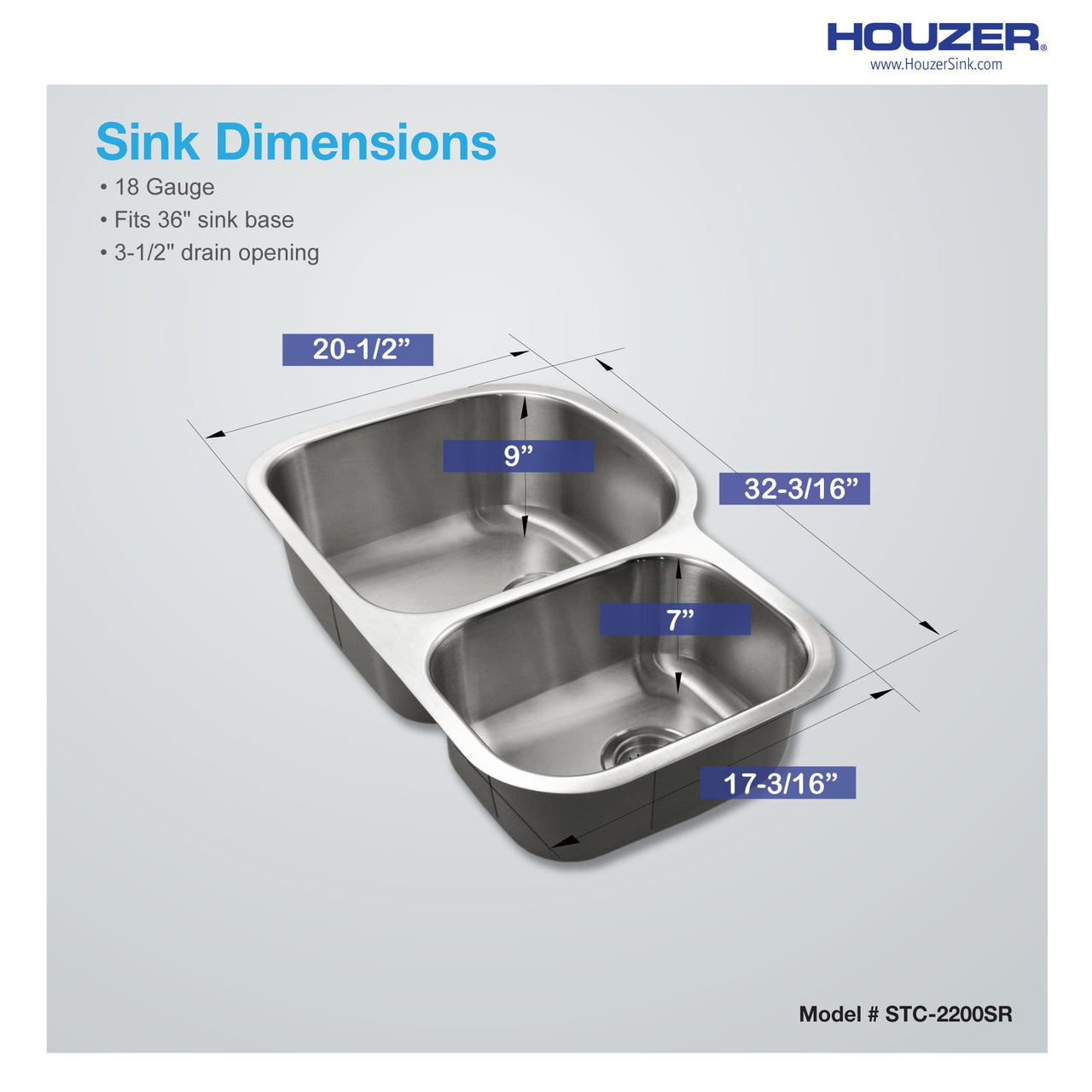 Houzer Eston Stainless Steel Undermount Double Small Bowl Offset Kitchen Sink, Nested 20-Pack