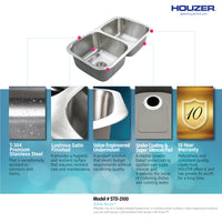 Thumbnail for Houzer Eston 31 inch Stainless Steel Undermount 50/50 Double Bowl Kitchen Sink with Strainer & Bottom Grid
