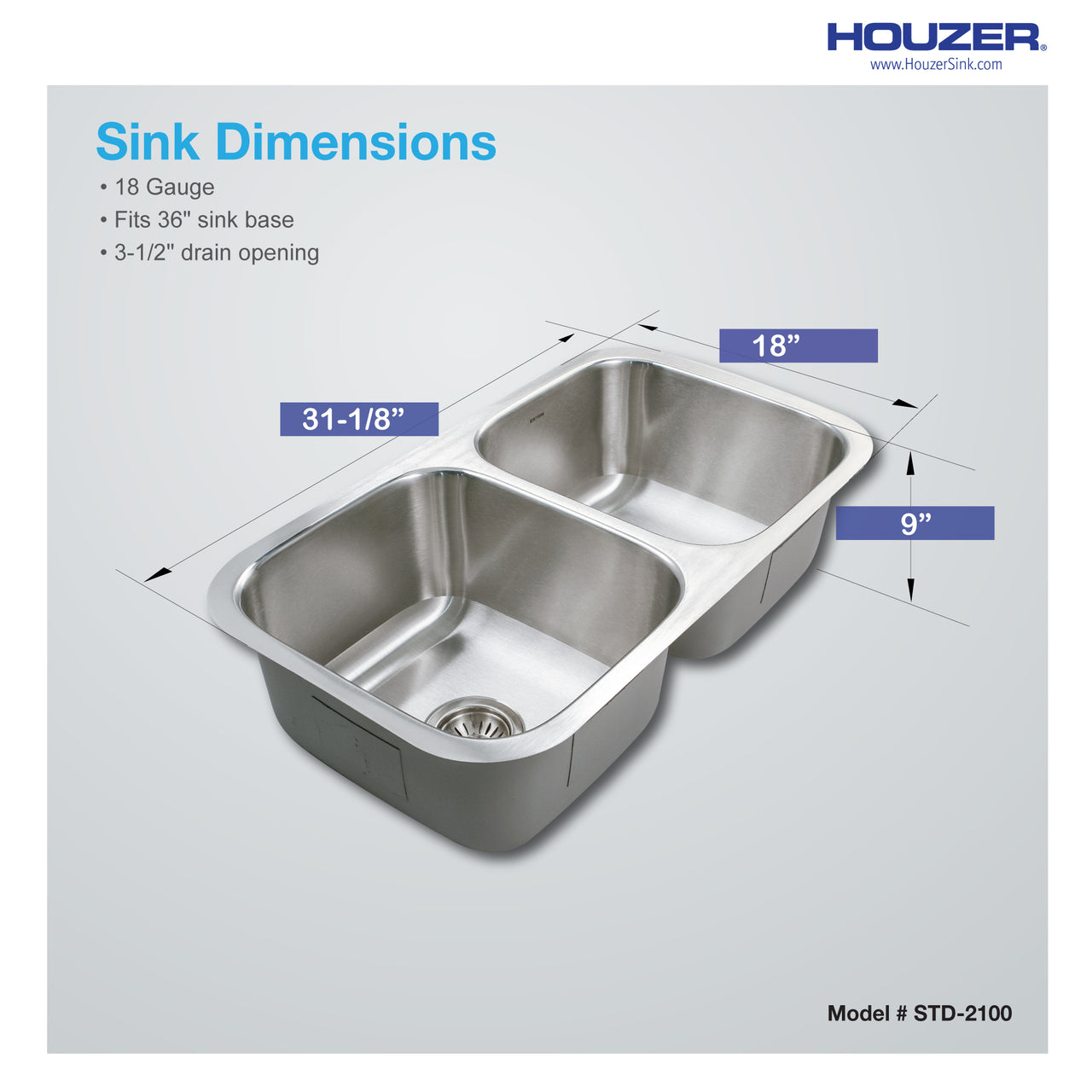 Houzer Eston 31 inch Stainless Steel Undermount 50/50 Double Bowl Kitchen Sink with Strainer & Bottom Grid