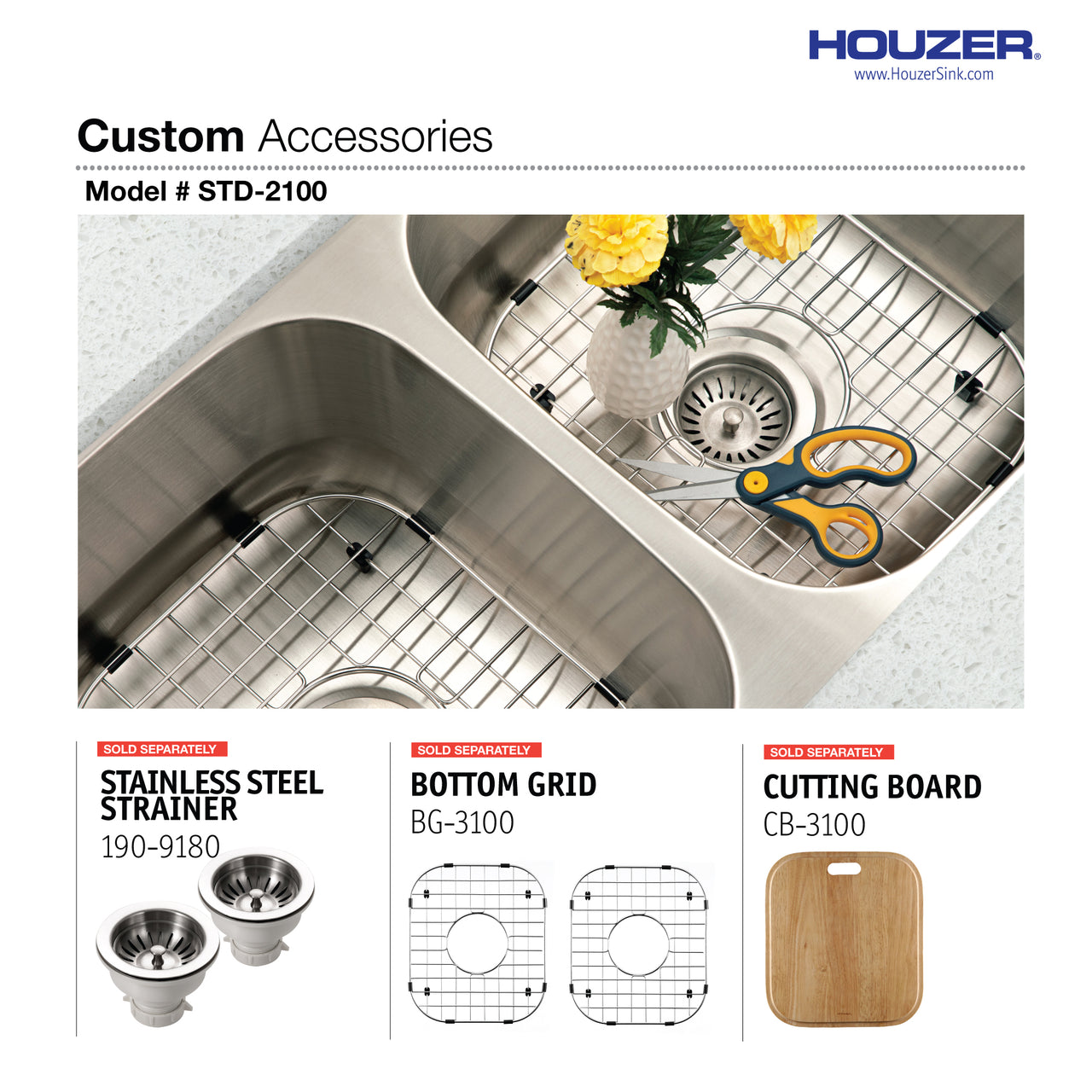 Houzer Eston 31 inch Stainless Steel Undermount 50/50 Double Bowl Kitchen Sink with Strainer & Bottom Grid