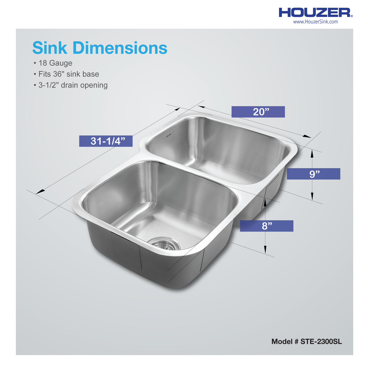 Houzer Eston Stainless Steel Undermount Double Small Bowl Offset Kitchen Sink, Nested 20-Pack