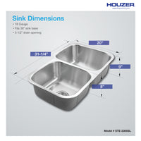 Thumbnail for Houzer Eston Stainless Steel Undermount Double Small Bowl Offset Kitchen Sink, Nested 20-Pack