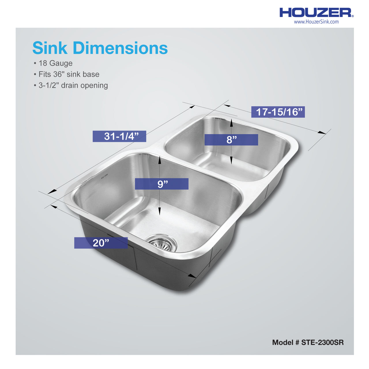 Houzer Eston Stainless Steel Undermount Double Small Bowl Offset Kitchen Sink, Nested 20-Pack