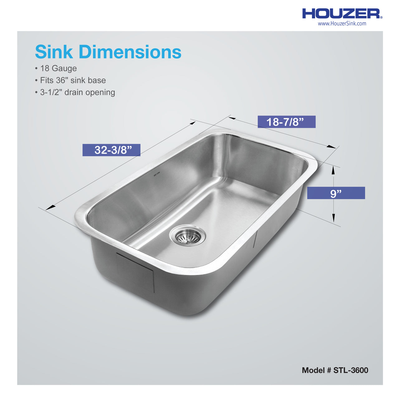 Houzer Eston Stainless Steel Undermount Single Bowl Kitchen Sink with Strainer & Bottom Grid