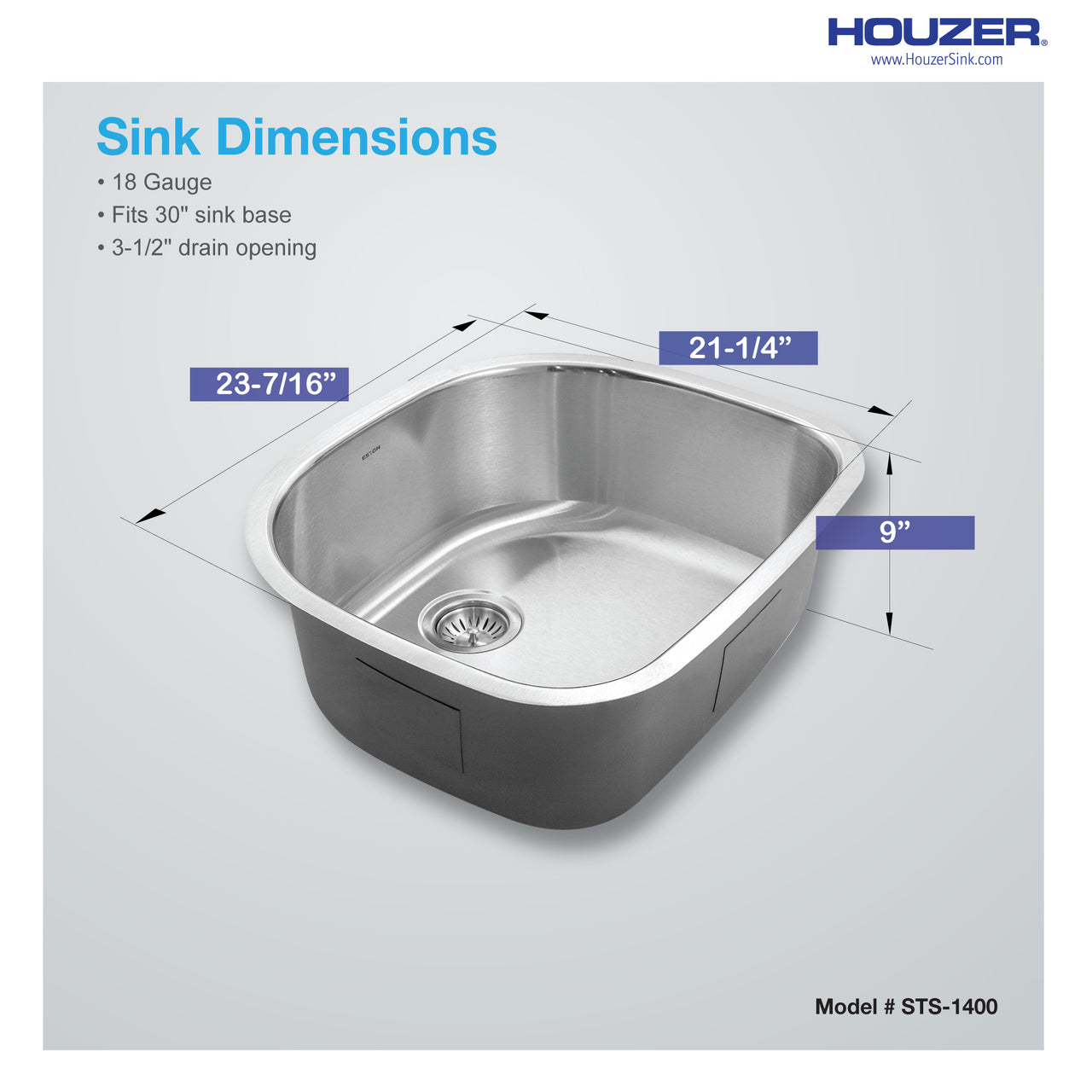 Houzer Eston 24 inch Stainless Steel Undermount Single D Bowl Kitchen Sink with Strainer & Bottom Grid