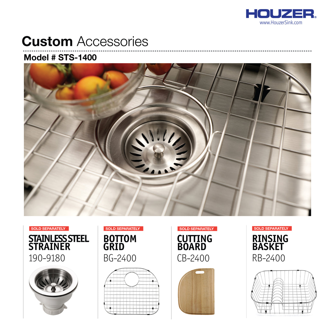 Houzer Eston 24 inch Stainless Steel Undermount Single D Bowl Kitchen Sink with Strainer & Bottom Grid