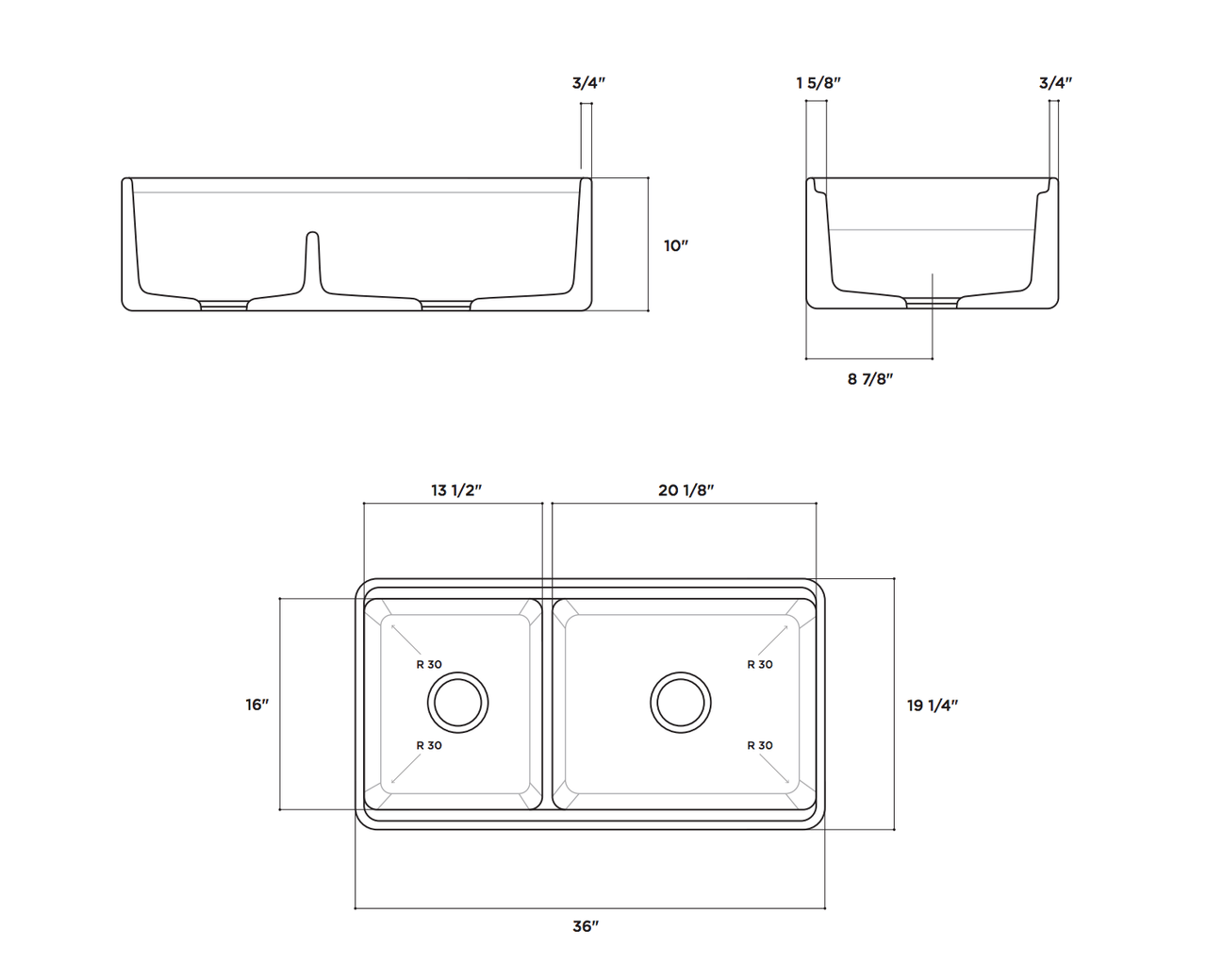 LaToscana 36" Double-Bowl Reversible Fireclay Farmhouse Kitchen Sink in White