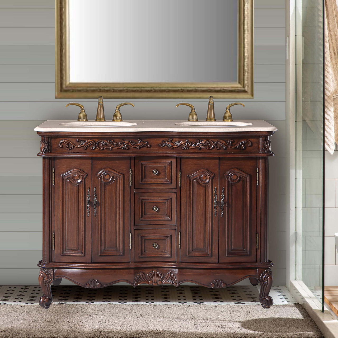 Silkroad 48" Double Sink Cabinet - Crema Marfil Top, Undermount White Ceramic Sinks (3-hole)