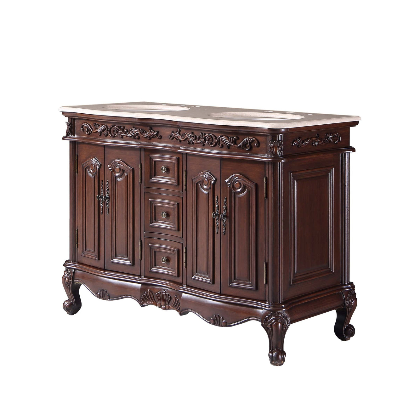 Silkroad 48" Double Sink Cabinet - Crema Marfil Top, Undermount White Ceramic Sinks (3-hole)