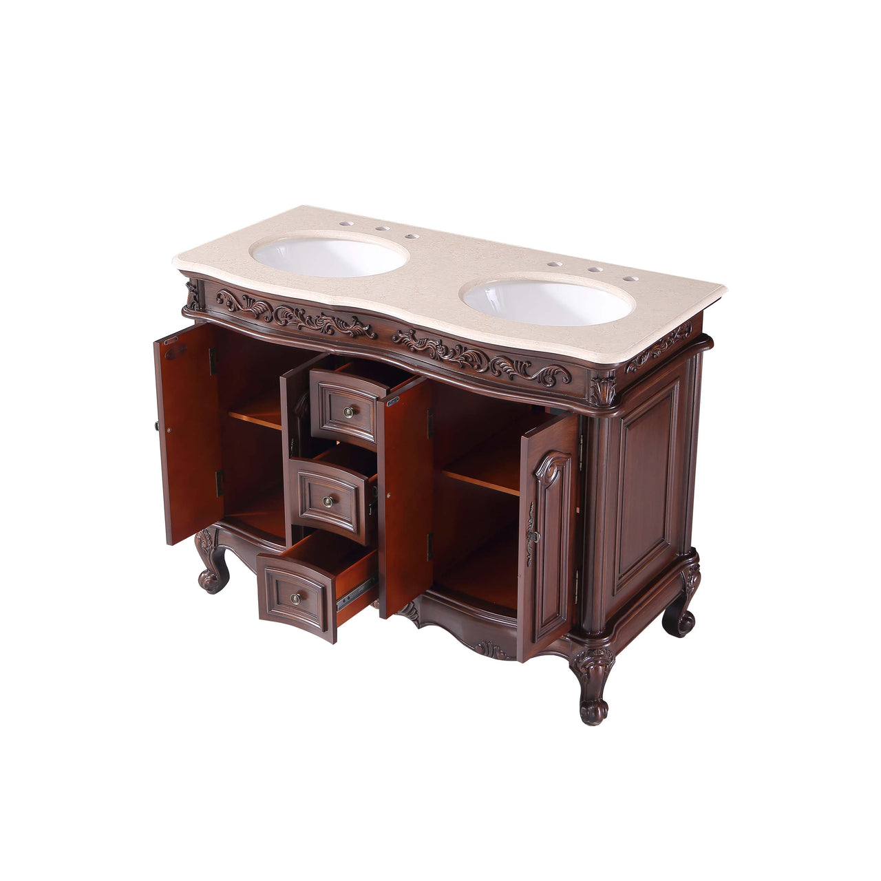 Silkroad 48" Double Sink Cabinet - Crema Marfil Top, Undermount White Ceramic Sinks (3-hole)