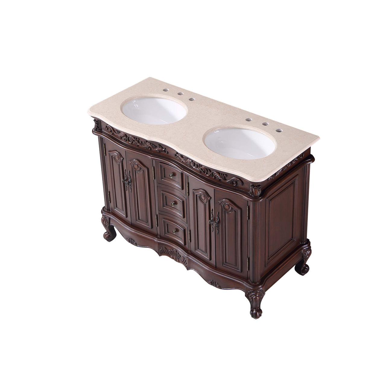 Silkroad 48" Double Sink Cabinet - Crema Marfil Top, Undermount White Ceramic Sinks (3-hole)