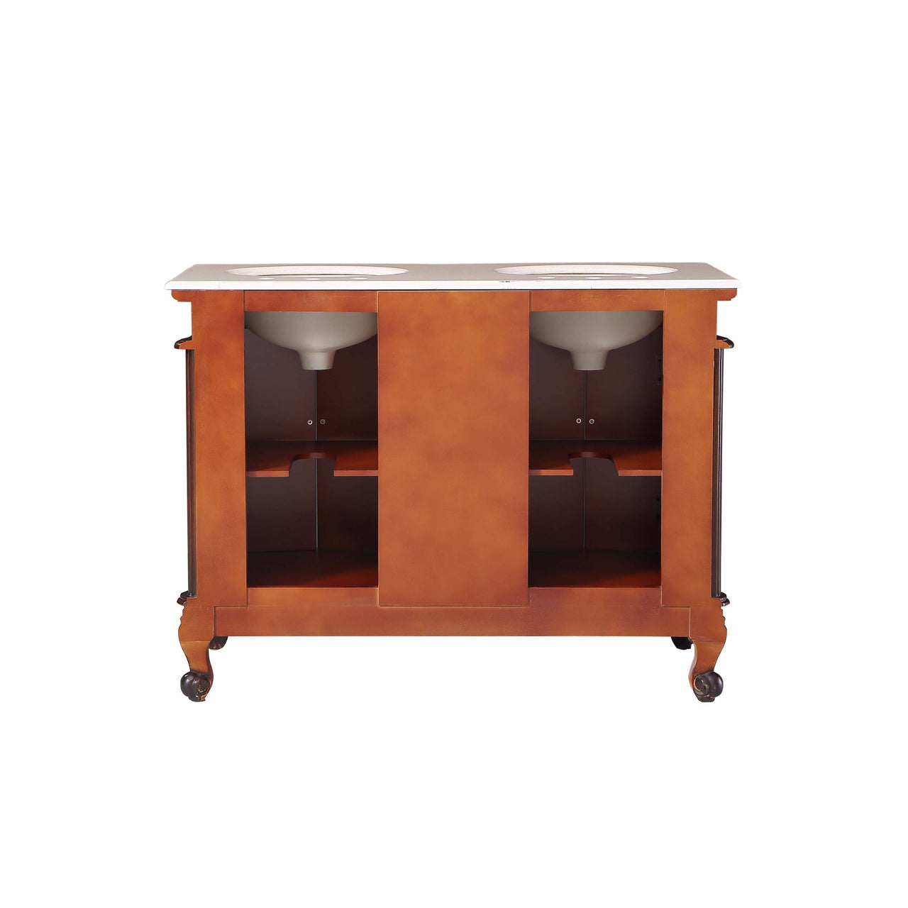 Silkroad 48" Double Sink Cabinet - Crema Marfil Top, Undermount White Ceramic Sinks (3-hole)