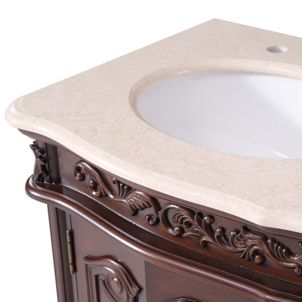 Silkroad 48" Double Sink Cabinet - Crema Marfil Top, Undermount White Ceramic Sinks (3-hole)