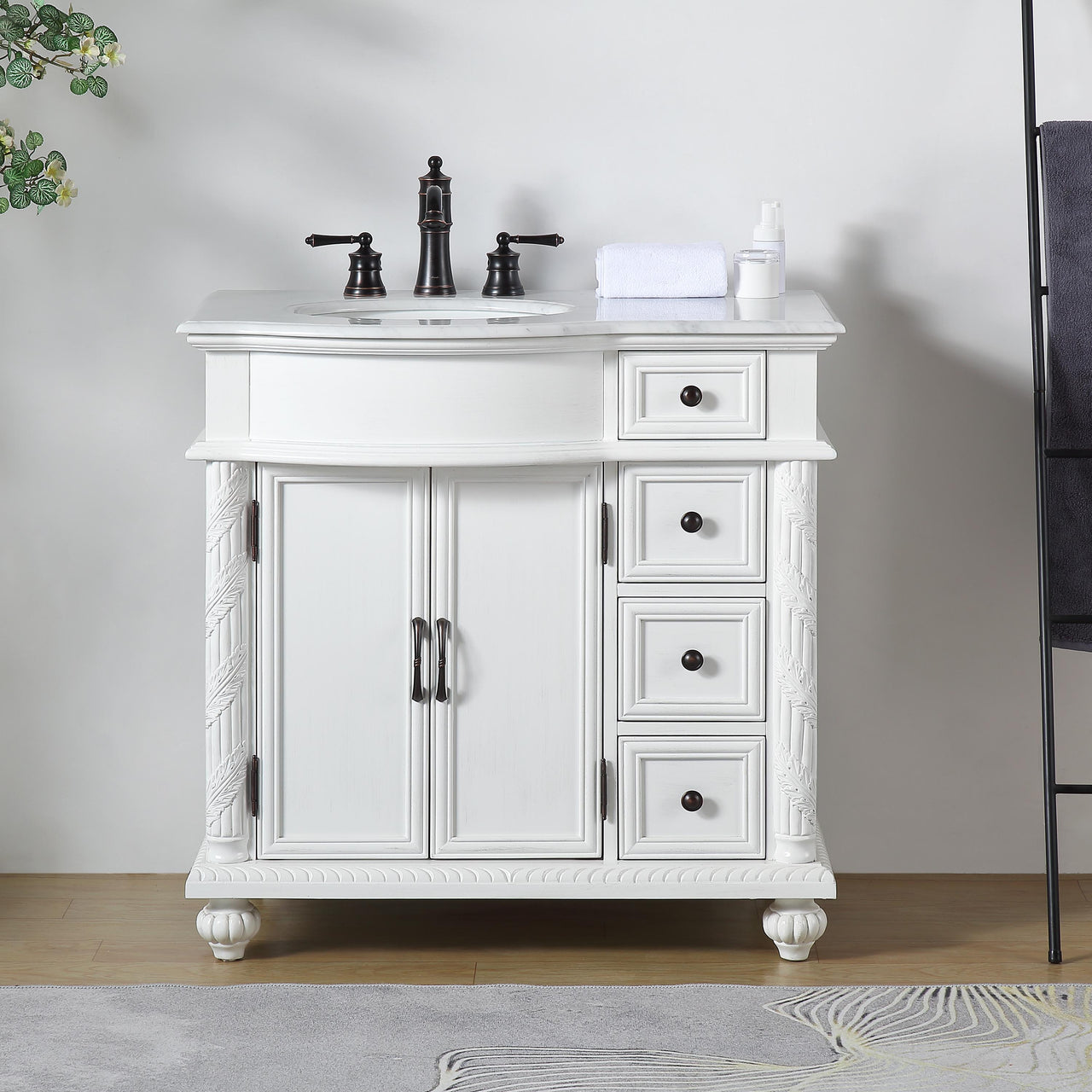 SilkRoad 36" Single (Left) Sink White Cabinet - Carrara White Marble Top, Ceramic Sink (3-hole)..