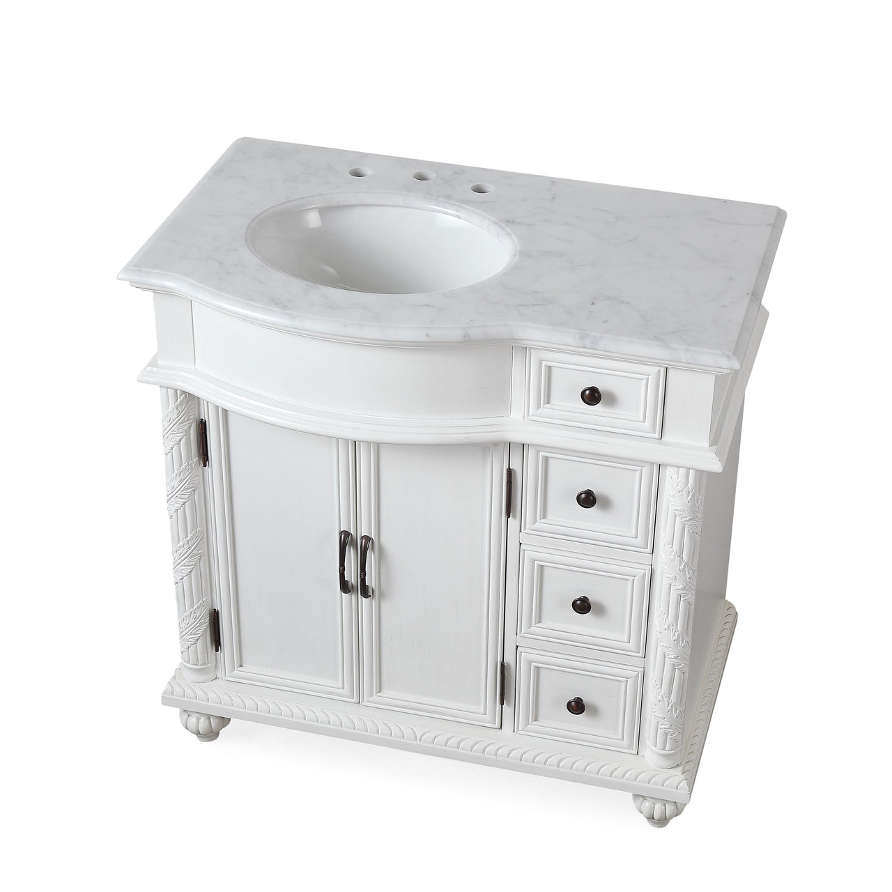 SilkRoad 36" Single (Left) Sink White Cabinet - Carrara White Marble Top, Ceramic Sink (3-hole)..