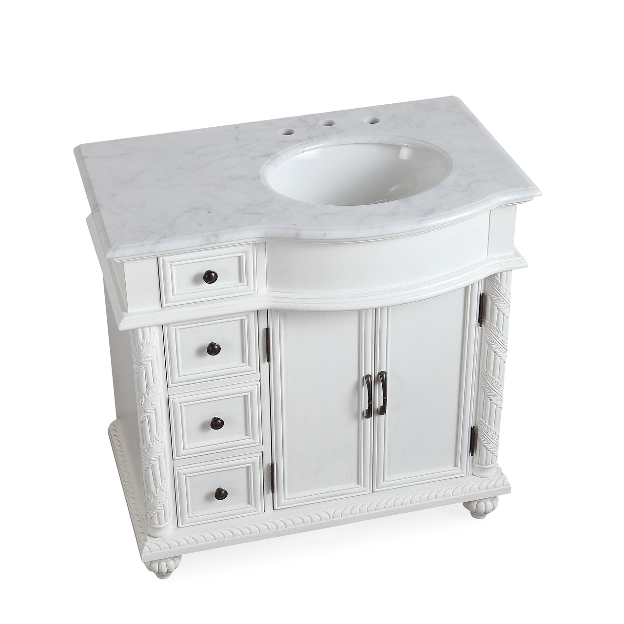 SilkRoad 36" Single (Right) Sink White Cabinet - Carrara White Marble Top, Ceramic Sink (3-hole)..