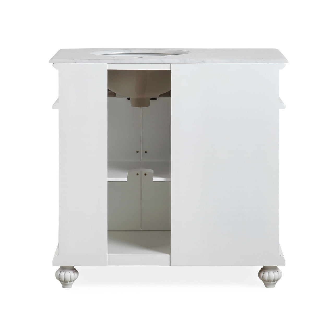 SilkRoad 36" Single (Right) Sink White Cabinet - Carrara White Marble Top, Ceramic Sink (3-hole)..