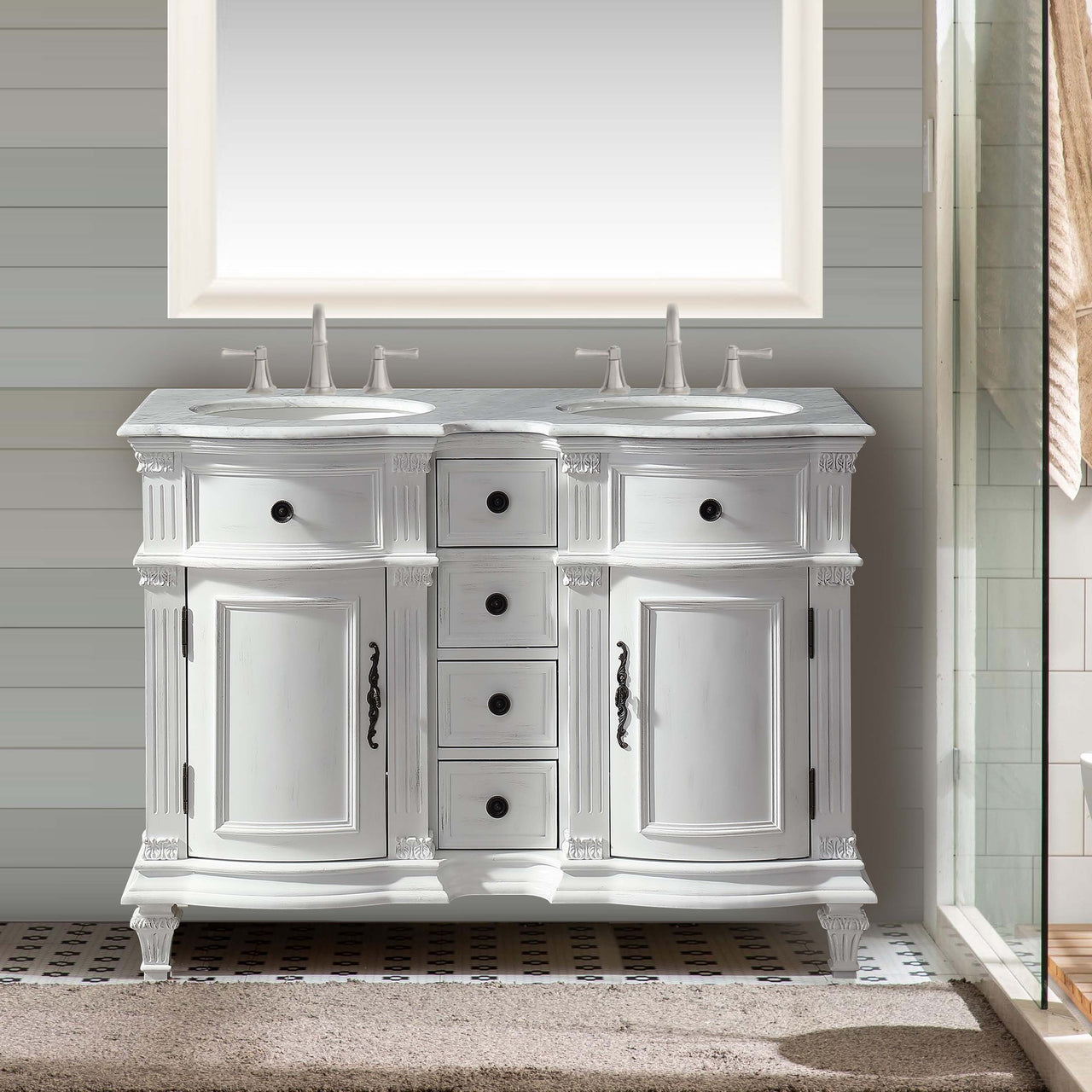 SilkRoad 48" Double Sink Cabinet - Carrara White Top, Undermount White Ceramic Sinks (3-hole)