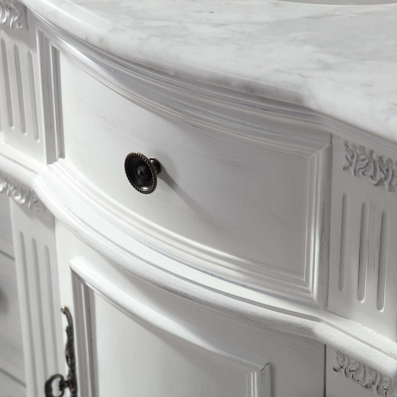 SilkRoad 48" Double Sink Cabinet - Carrara White Top, Undermount White Ceramic Sinks (3-hole)