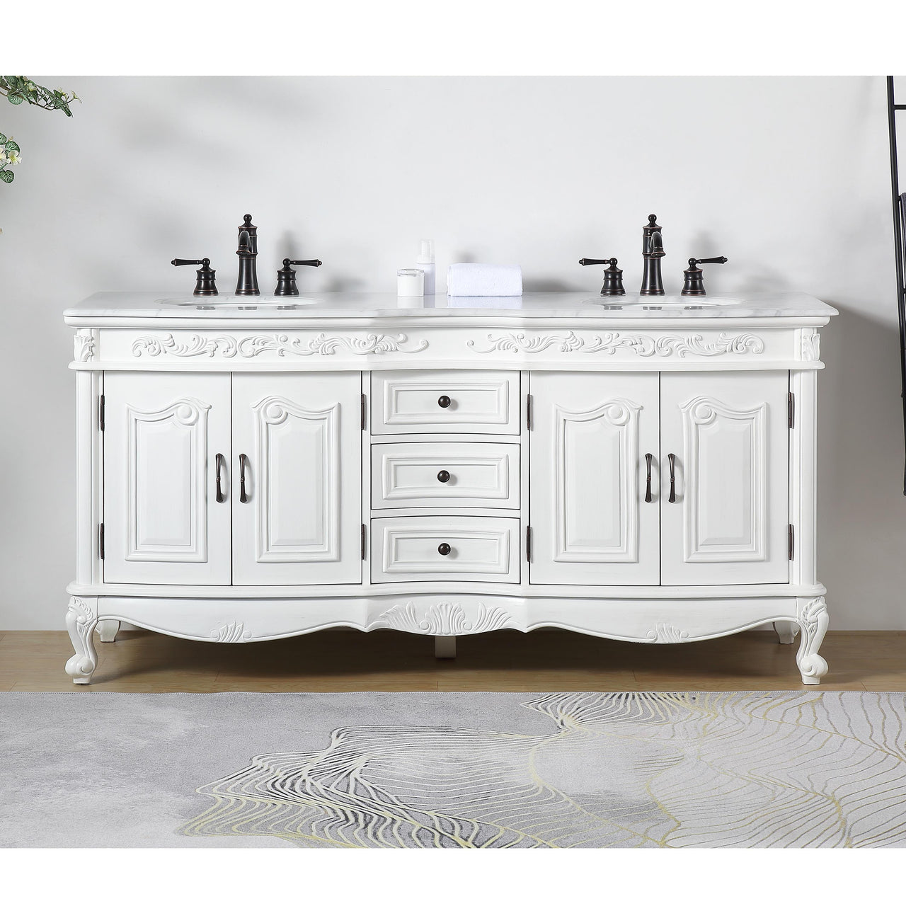 SilkRoad 72" Double Sink White Cabinet - Carrara White Marble Top, Ceramic Sink (3-hole)